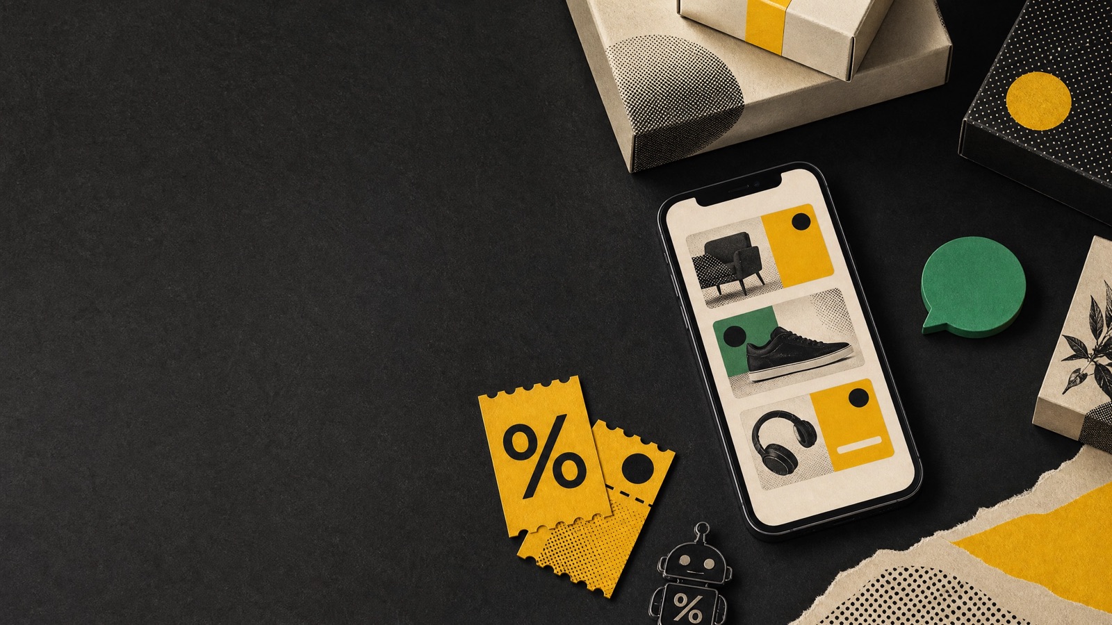 Celular, cupons e produtos representando a curadoria do Robô da Oferta