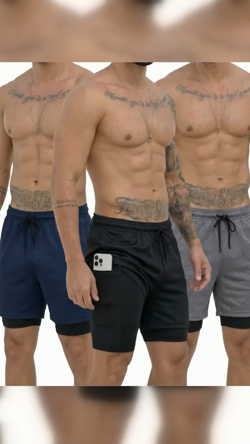Kit 3 Shorts 2 em 1 Duplo Bolso para Academia e Corrida