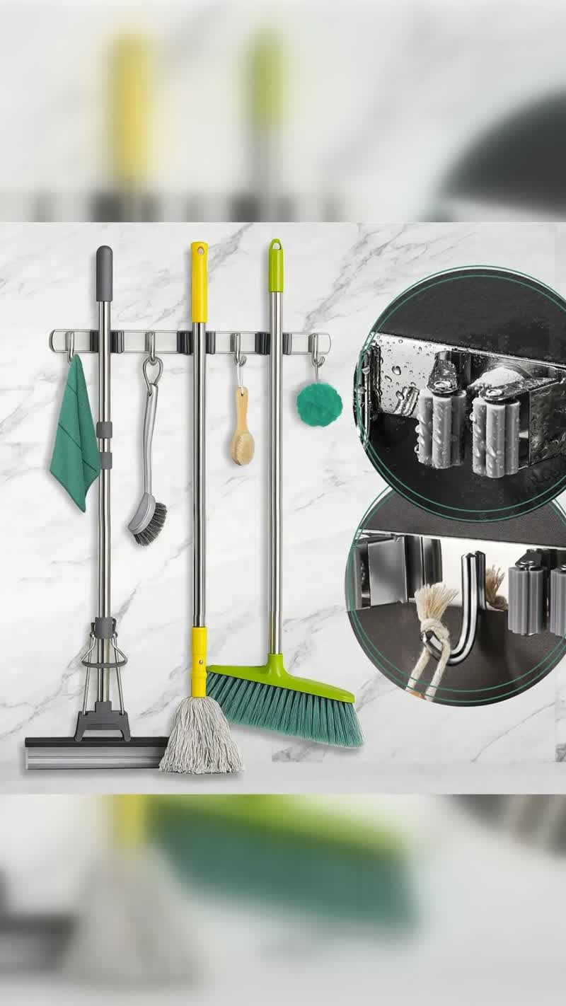 Suporte Inox de Parede para Vassoura, Rodo e Mop