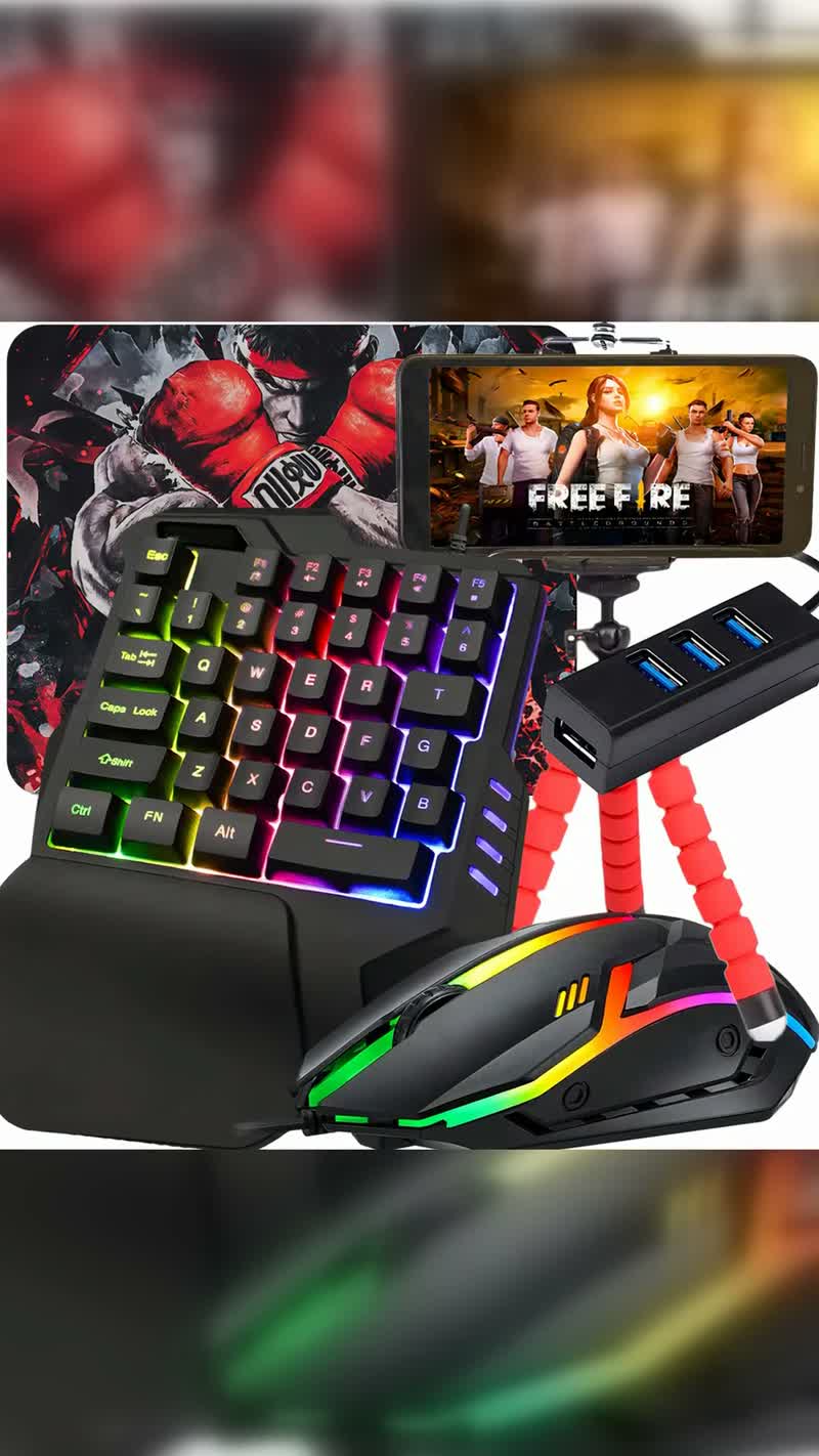 Kit Gamer Mobile Teclado One Hand Mouse e Tripé RGB