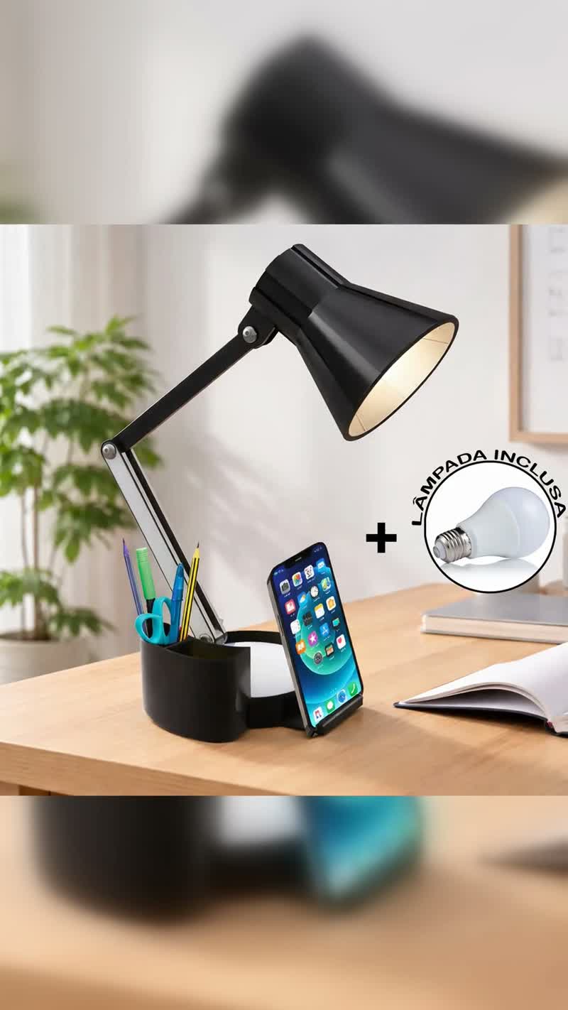 Luminária Articulável com Porta Lápis e Suporte de Celular