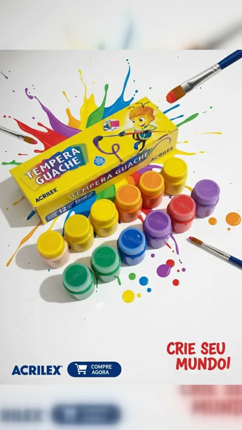 Kit 12 Potes de Tinta Guache Escolar Acrilex 15ml