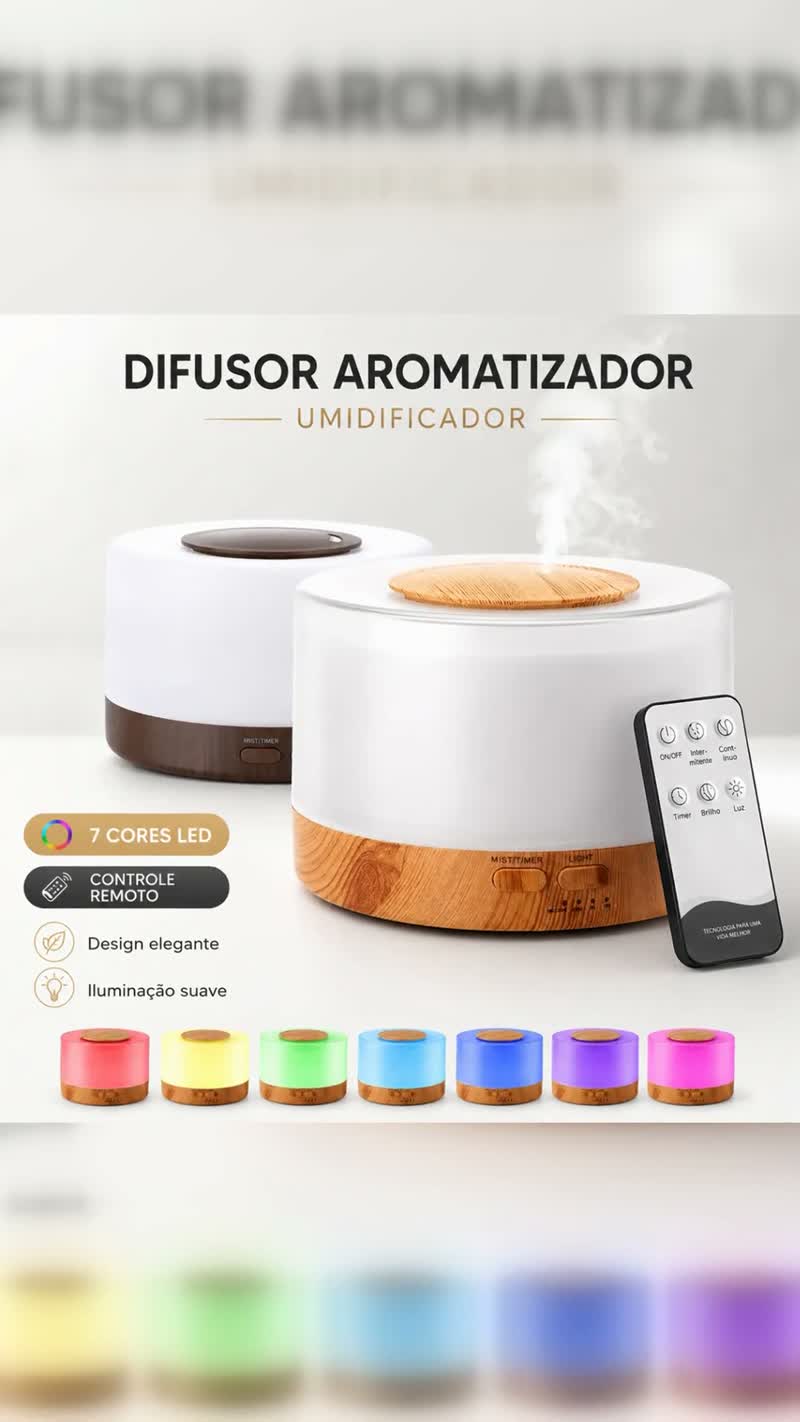 Difusor Aromatizador Ultrassônico 7 Cores com Controle