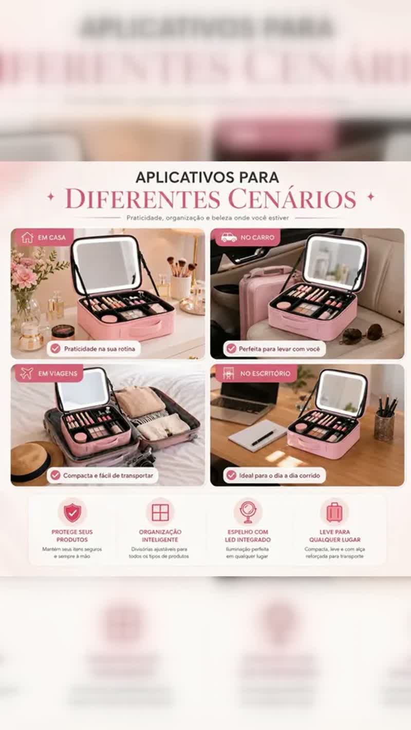 Maleta Profissional de Maquiagem Pontokit Com Espelho e LED USB