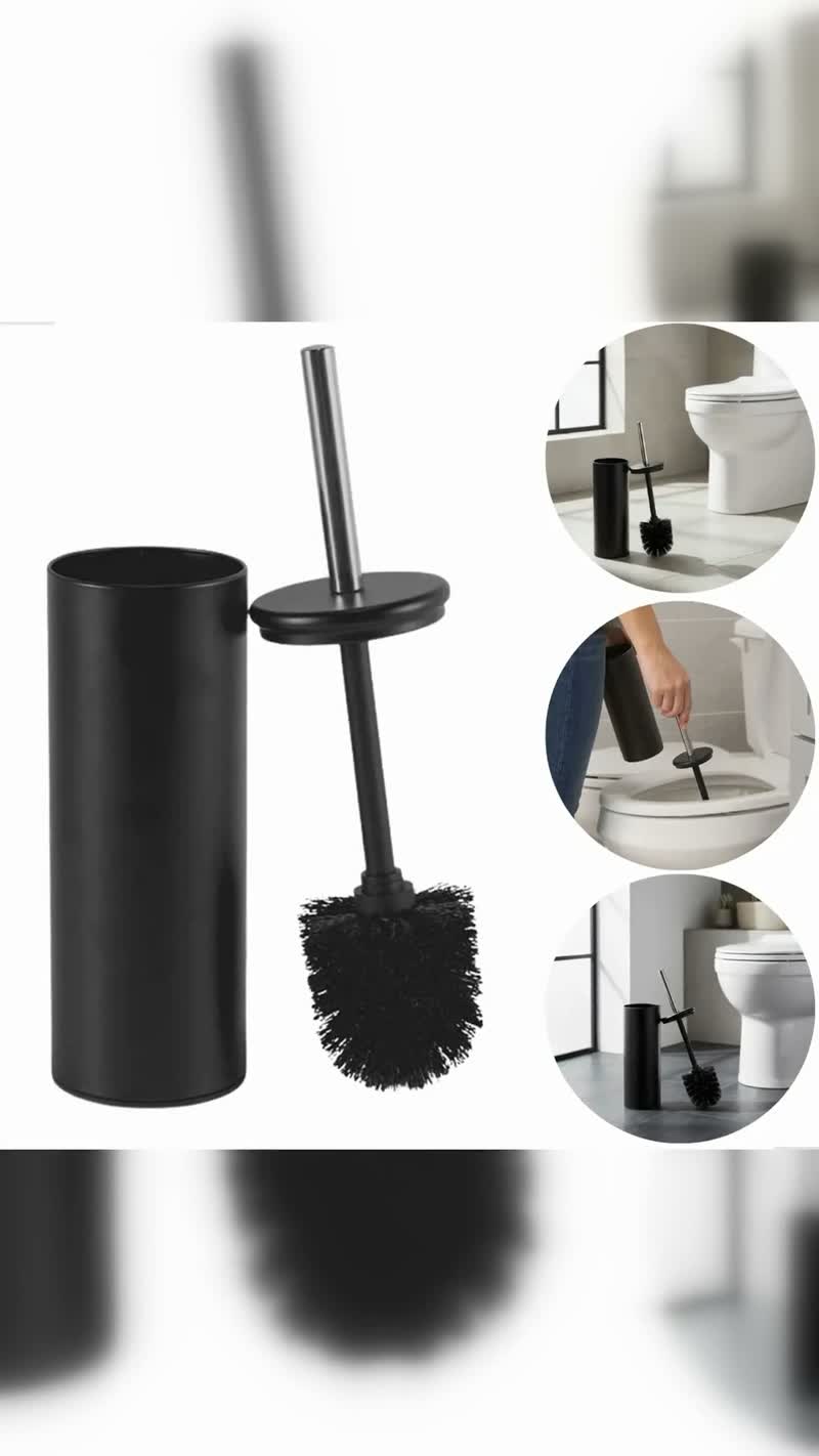 Escova Sanitária Powermaid Preta Matte com Cabo Inox e Base com Tampa