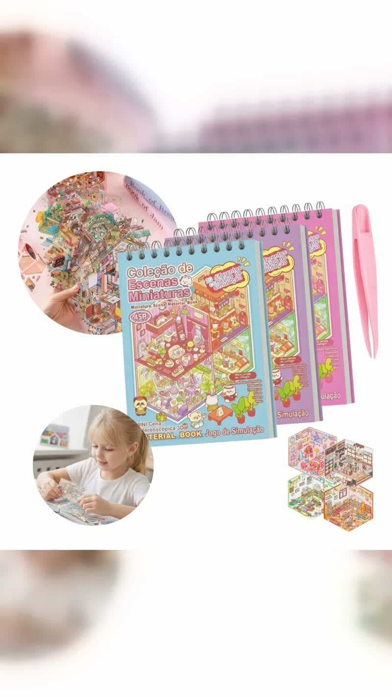 Caderno de Adesivos 20 Cenários com Mais de 1000 Adesivos 3D e Pinça