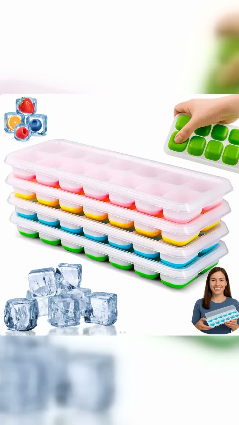 Kit 4 Formas de Gelo com Fundo de Silicone e Tampa, 14 Cubos