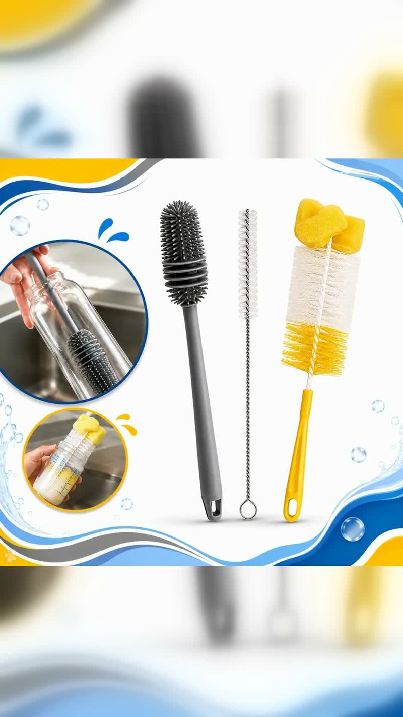 Kit 3 Escovas para Lavar Garrafa, Copo, Mamadeira e Canudo