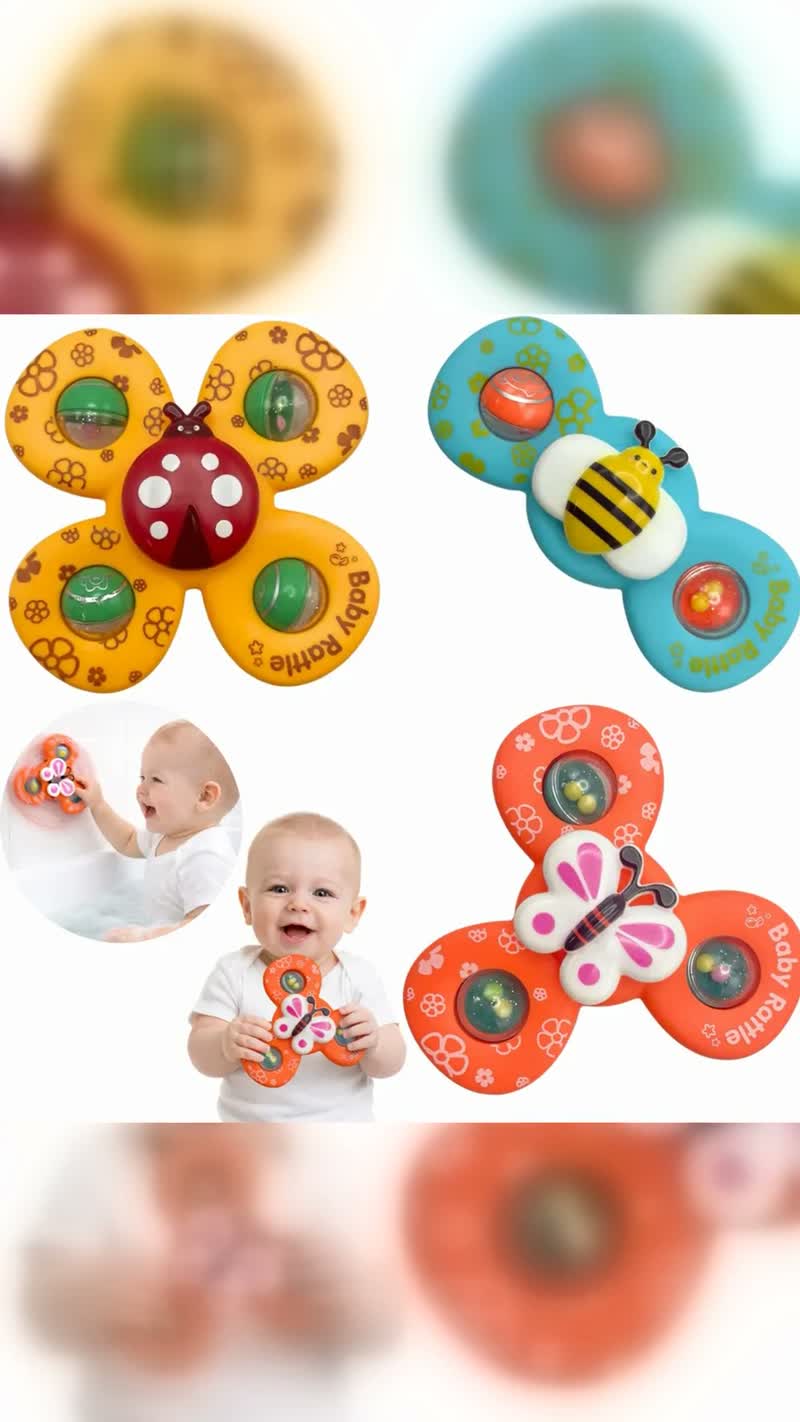 Kit 3 Spinners com Ventosa para Bebê, Brinquedo Sensorial de Banho
