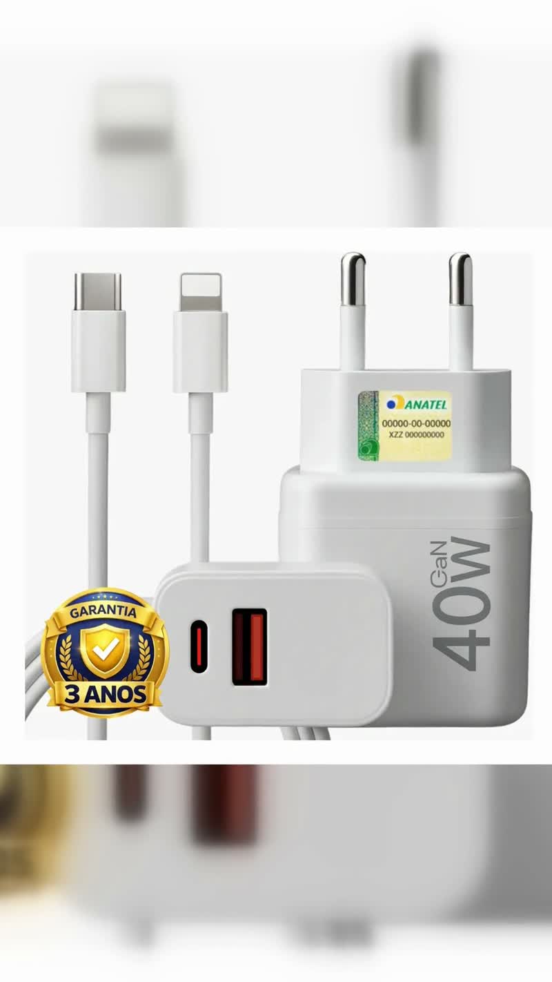 Carregador Turbo 40W USB-C Duplo Compatível iPhone