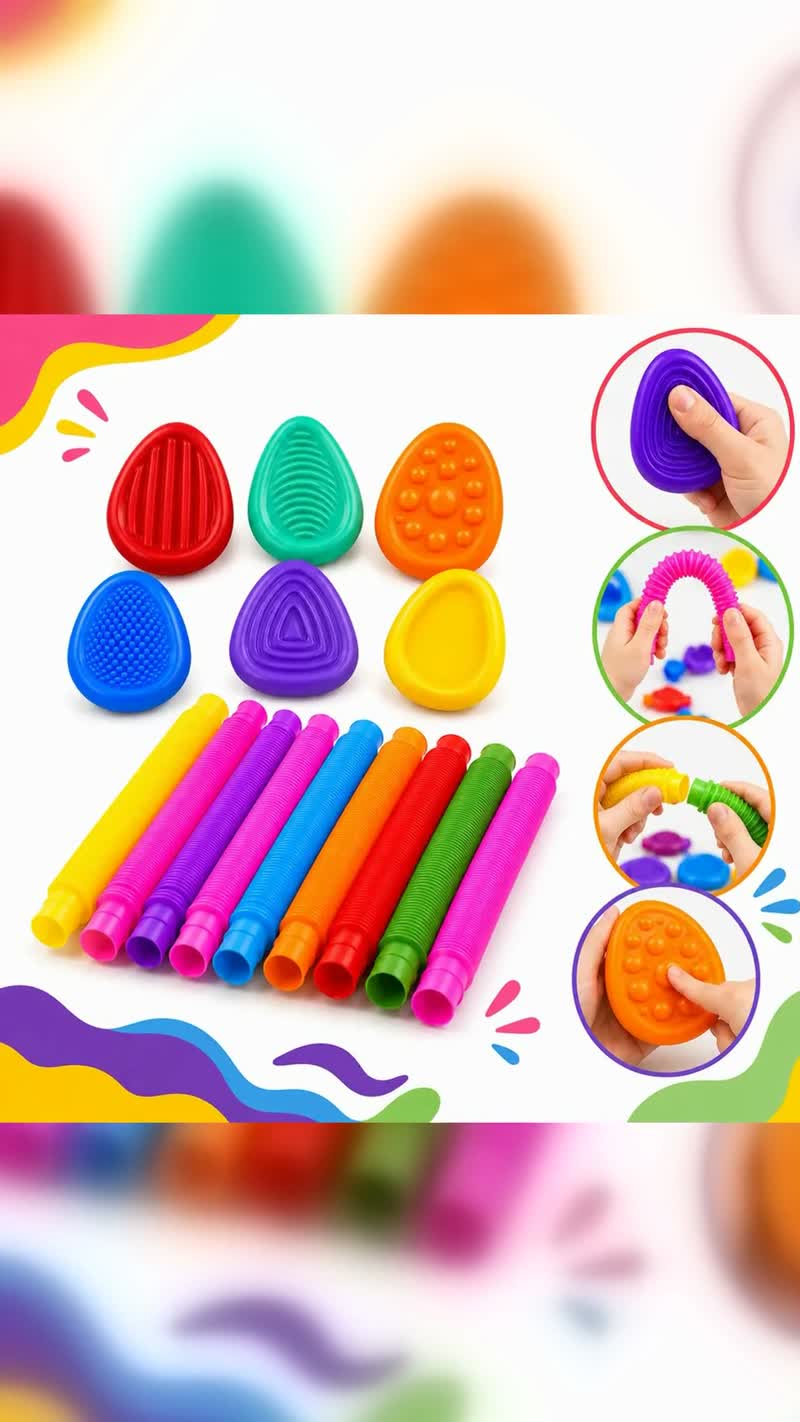 Kit Sensorial Antiestresse 18 Peças: 6 Pedras Táteis e 12 Pop Tubes