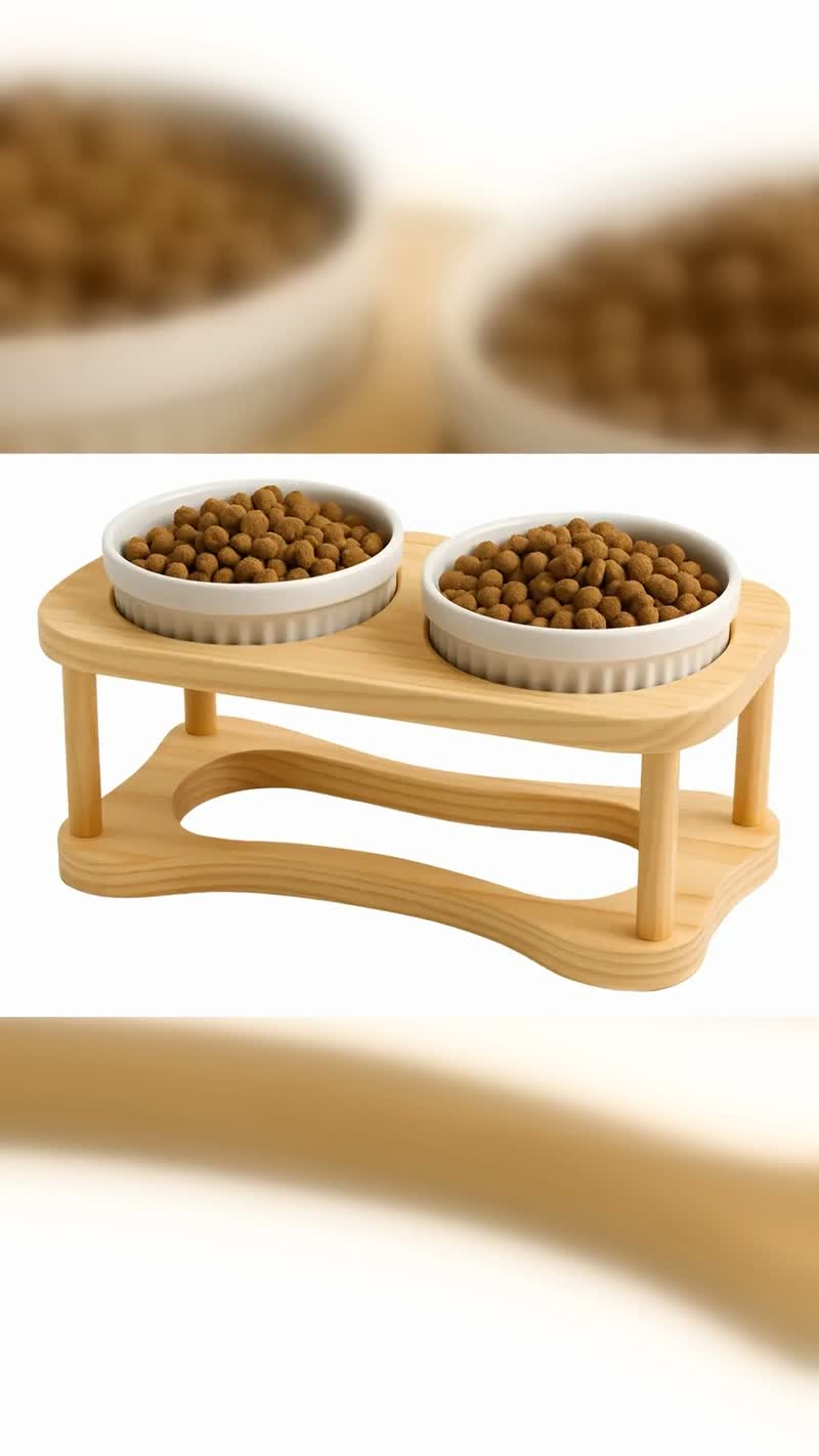 Comedouro Elevado Duplo de Porcelana e Madeira para Gatos 320ml