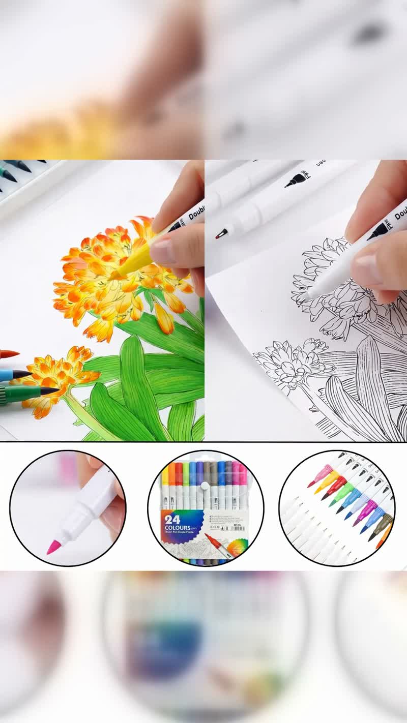 Kit Caneta Brush Pen Dupla Ponta 24 Cores